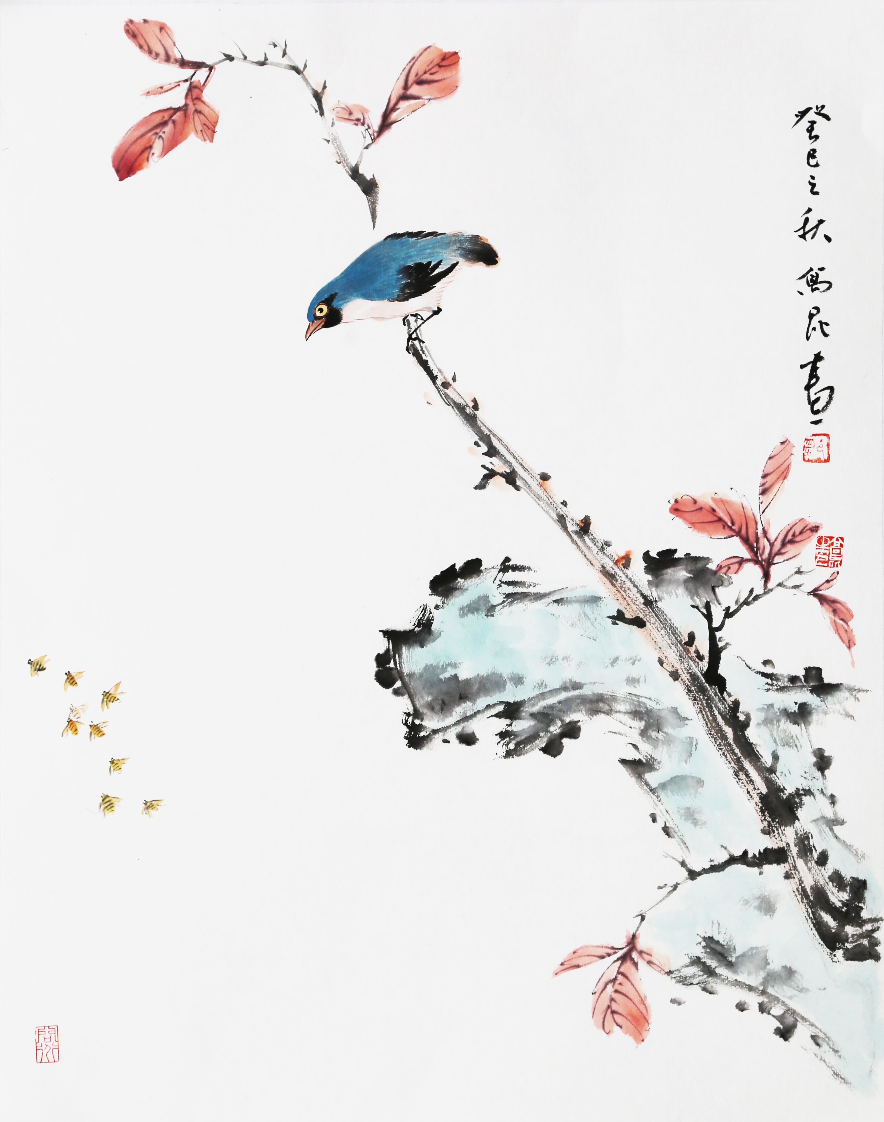 0 红叶小鸟 #art 3265 艺术家:邹高昆 材质:纸面国画 主题:花鸟 风格
